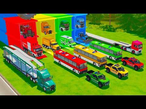 TRANSPORTING FIRE ENGINE, POLICE CARS, AMBULANCE, BULLDOZER, GARBAGE TRUCK - FS22