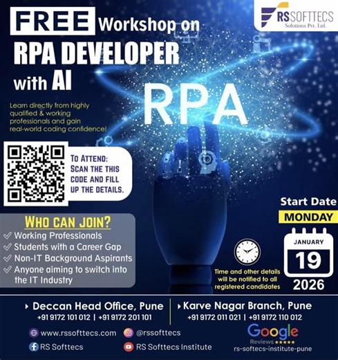 𝚁𝚂 𝚂𝙾𝙵𝚃𝚃𝙴𝙲𝚂 on Instagram: "🚀 FREE Workshop on RPA Developer with AI 🤖 Step into the future of automation! Learn Robotic Process Automation (RPA) combined with Artificial Intelligence and gain real-world coding confidence from industry professionals. ✨ What you’ll get: ✔ Hands-on learning from working experts ✔ Strong foundation from basics to real use-cases ✔ Clear career roadmap into automation & AI 👥 Who can join? 🔹 Working Professionals 🔹 Students with a Career Gap 🔹 Non-IT Ba