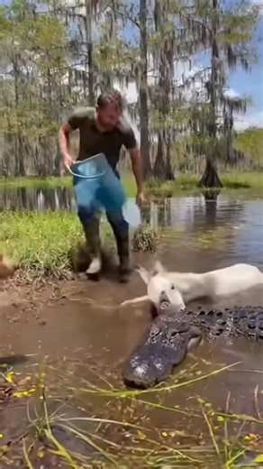 Dramatic footage captured at a local ranch depicts an individual swiftly intervening to rescue a white foal under attack from a large alligator in a swampy area. Utilizing a plastic bucket, the person immobilizes the alligator's head, thereby liberating the foal. A Golden Retriever is present, providing assistance during the intense confrontation. | ViralCraft X