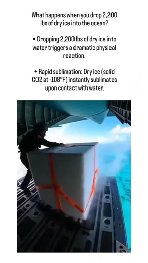 followtrend881 on Instagram: "The post shares an AI-generated video of a large block of dry ice being dropped from a helicopter into turquoise ocean waters, resulting in a dramatic explosion of fog and bubbles from rapid CO2 sublimation. Scientifically accurate in depicting the reaction—dry ice at -78°C turns directly to gas, expanding 700 times its volume and forming carbonic acid that temporarily lowers local pH—but the scale exaggerates real-world effects, which studies show are short-lived i