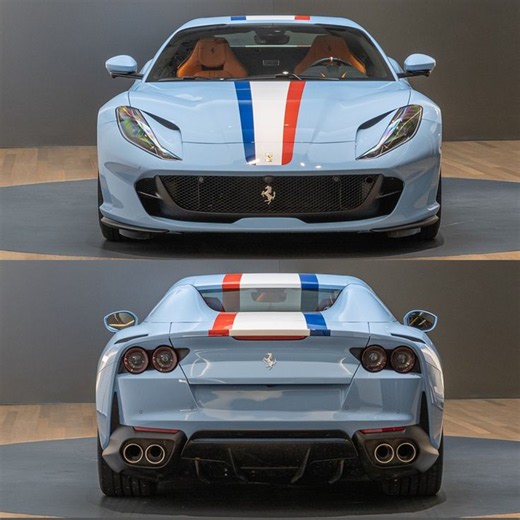 Blue Sports Car with Red, White, and Blue Stripes | Ferrari f40 blue, Ferrari roma spider blue, Light blue ferrari