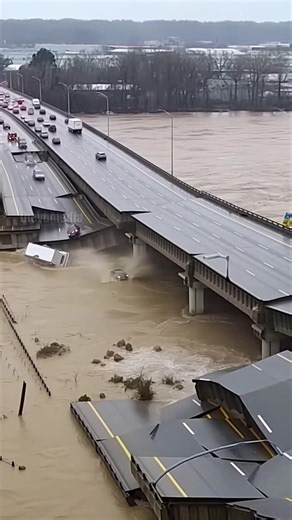 A massive highway bridge collapse was caught on a security camera as floodwaters reached record levels. Dateline: Savannah, Georgia - April 15, 2025. Story: The Coastal Highway Bridge suffered a catastrophic failure today when its central span plummeted into the raging river. The footage shows the road buckling moments before several vehicles fell into the murky water. Rescue teams are currently at the scene. This video is created with AI, and the story is for your entertainment. | Peter experie