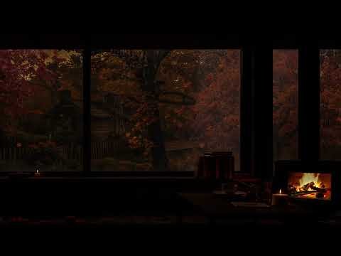 (No Ads) Autumn in the Forest | Calm Rainy Window Scene with Fireplace Sounds for Sleep & Focus