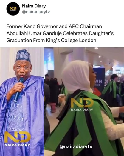 Abdullahi Umar Ganduje Celebrates Daughter’s Graduation From King’s College London Former Kano State Governor and current APC Chairman, Abdullahi Umar Ganduje, shared a proud moment on social media as he celebrated his daughter, Fatima, graduating from King’s College London. In a heartfelt message, Ganduje described Fatima’s journey as “marked by diligence, grace, and quiet strength,” and prayed that Allah continues to guide her as she steps into the next chapter of her life. “Congratulations, F