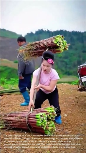 Rural Life: Harvesting and Transporting Bundles of Bamboo Shoots