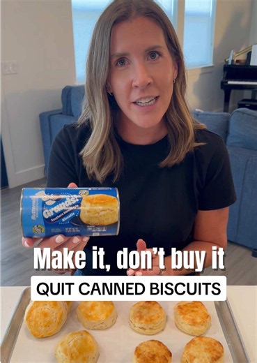 If you're still buying canned biscuits, these big fluffy buttermilk biscuits take 30 minutes from scratch with 6 real ingredients and no mystery filler. Makes 10-12 biscuits. 2 cups all-purpose flour 2 ½ tsp baking powder ½ tsp salt 5 Tablespoons butter, frozen ¾ cup buttermilk 3 Tablespoons honey Preheat oven to 400°F. Mix flour, baking powder, and salt. Grate in the frozen butter and cut it in until it looks like coarse meal. Chill 10 minutes. Stir honey into buttermilk, then add to the flour 
