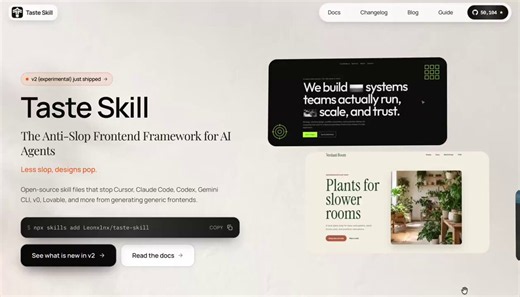 The Taste skill + https://t.co/o0aFB11BZQ is one of the easiest ways to turn prompts into polished, non-AI-slop designs and image gen.Pair it with Codex or Claude Code to recreate almost any landing page from a video or full-page screenshot.