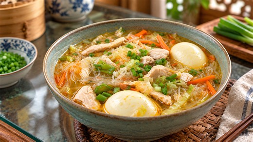 Comforting Filipino chicken soup with tender glass noodles