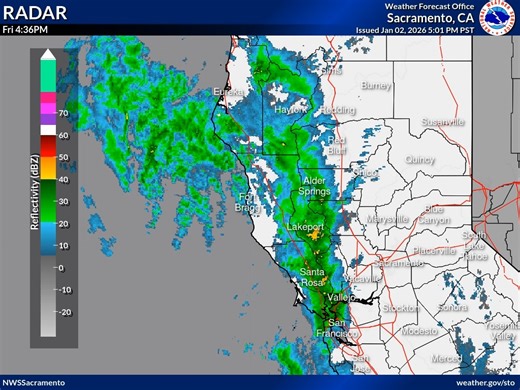 Latest RADAR is showing the next round of precipitation approaching interior northern California. Plan ahead for active weather over the coming days with rain, mountain snow, scattered thunderstorms, and gusty southerly winds. | US National Weather Service Sacramento California