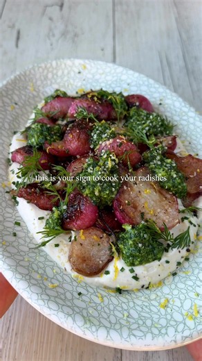 Pan Fried Radishes with Radish Top Pesto & Whipped Tofu