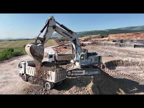 Liebherr 984 Excavator Loading Soil On Trucks - Drone Video 4k - Labrianidis Mining Works