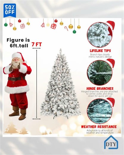 Flocked Christmas Tree with UL Lights and Natural Pine Cones – Snowy PVC Tips, Hinged Structure