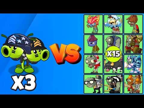 PVZ 2 Gardenless Challenge - 3 Split Mega Gatling Pea Plants vs All Zombies Fight! x15 - Who Wins?