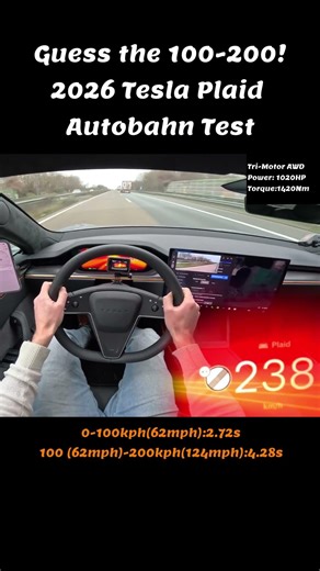 2026 Tesla Model S Plaid 1020HP: 0-100 & 100-200 km/h Acceleration Test #shorts
