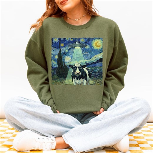 Groovy Starry Night Cow UFO T-shirt, Alien Abduction Art Sweatshirt, Van Gogh Inspired Hoodie, Funny Farm Animal Shirt, Holstein Cow Tee - Etsy UK