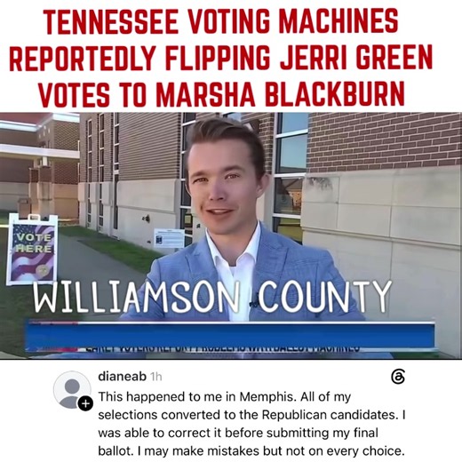 🚨 WILLIAMSON COUNTY: Reports of Tennessee voting machines flipping Democratic/@jerrigreen4tn votes to Republicans/@marshablackburn votes 🤔 (Folks in Memphis have said the same) (from WSMV)