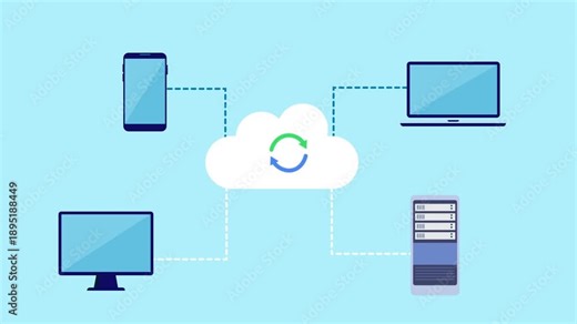 Flat vector illustration of a cloud with a sync icon connected to smartphone, desktop, laptop, and server rack, representing cloud data synchronization across devices on a light blue background.