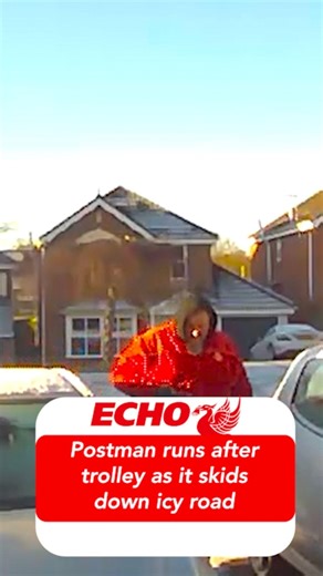 A postman runs after his trolley as it starts to roll down an icy road ❄️ | Liverpool Echo News