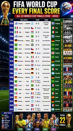 Every FIFA World Cup Final Score (1930–2022) | Complete FIFA World Cup Finals History 🏆⚽ #fifa