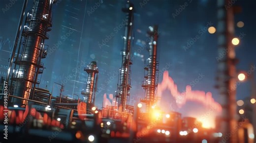 Oil refinery at night with digital stock graph overlay representing industrial economy and finance