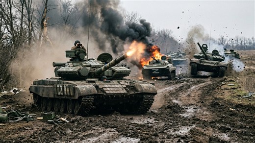Ukrainian tank breaks Russian advance before a mine ends it