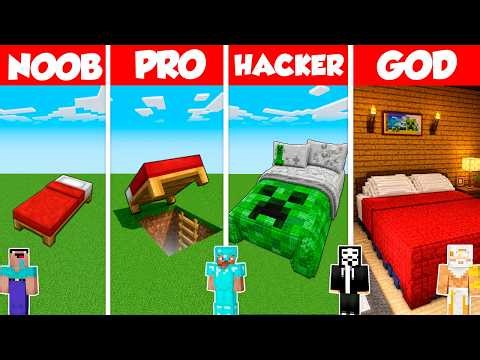 Bed Secret Base Build Battle Challenge - Noob vs Pro vs Hacker vs God - Minecraft Animation
