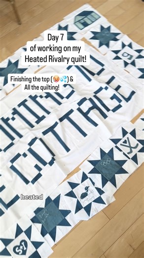 Julia on Instagram: "Day 7 of working on my Heated Rivalry quilt! We’re almost there 🙌🏼 Today was piecing the top, basting it all together, quilting & trimming. Plus I had to have our guy Socks approve the layout, he loves a square. This quilt is a unique size so my B79 handled her well but it’s still always a journey fitting a full quilt into a machine. Also, big shout out to my Joann’s stash from last year for including the absolute perfect backing for this project, and to my wife for drivin