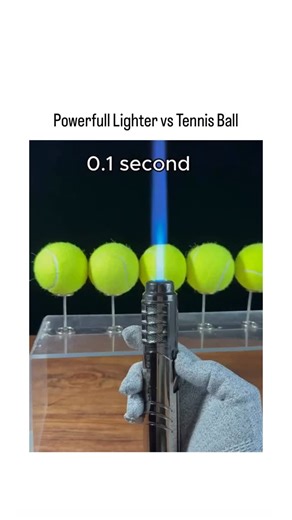 👁️ on Instagram: "- The video demonstrates a controlled experiment exposing tennis balls to a blowtorch flame at increasing durations, revealing rapid progression from surface charring at 0.1 seconds to explosive ignition and meltdown after 30 seconds due to the ball’s felt igniting and rubber core decomposing. - Tennis balls consist of a vulcanized rubber core (stable up to 200°C but pyrolyzing rapidly beyond) encased in flammable nylon or wool felt, matching the observed effects; peer-reviewe