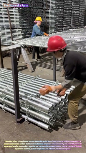 Watch Workers Stack Ring-Lock Vertical Standards in a Factory! 🏭🔗
