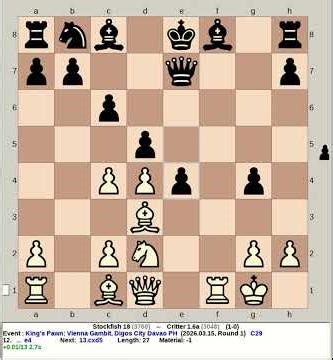 Stockfish 18 vs Critter 1.6a | King's Pawn: Vienna Gambit #chess