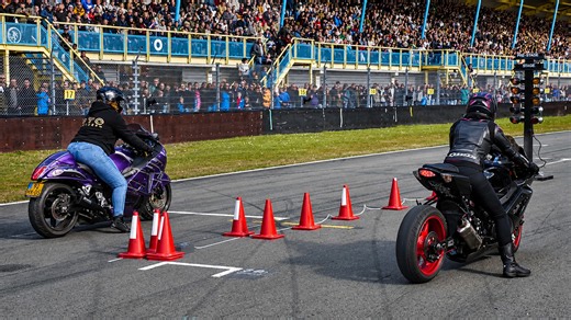 High-performance motorcycles go head to head at full speed