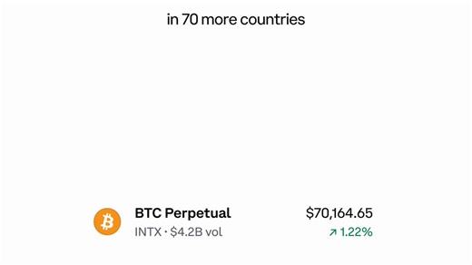 We've now opened up perps on Coinbase to even more people.Now live and simple to use for anyone in 70 additional countries.Head to the Trade tab to start trading more with less.