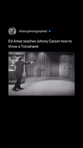 On April 27, 1965, actor Ed Ames appeared on The Tonight Show and demonstrated his tomahawk-throwing skills to Johnny Carson. When Ames threw the tomahawk, it landed in a rather unfortunate spot on the target, resulting in a memorable and humorous moment in television history. Credit: Carson Entertainment Group | History In Pictures