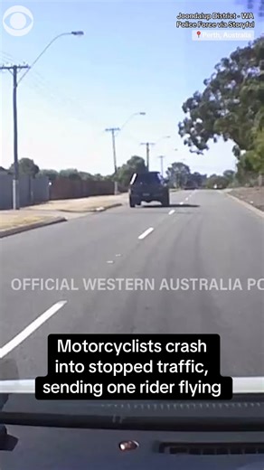 Two motorcyclists riding together slammed into stationary traffic in a suburb in Australia, sending one of the riders flying after the Feb. 16 crash. Authorities said they were riding at excessive speed when they encountered traffic and they began to lane split when one of them lost control and struck the other. One of the riders sustained serious injuries and was taken to a hospital. The other rider fled the scene as authorities continue to look for him. | CBS News