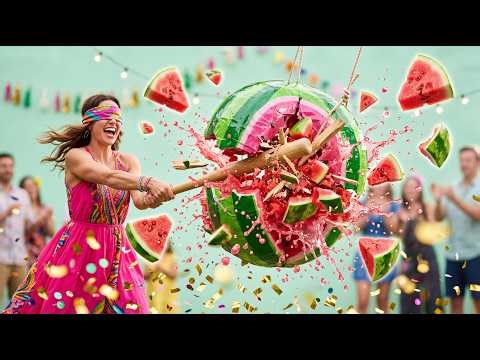 Giant Fruit Piñata Smash! Oddly Satisfying ASMR in 4K Slow Motion 🍉🏏