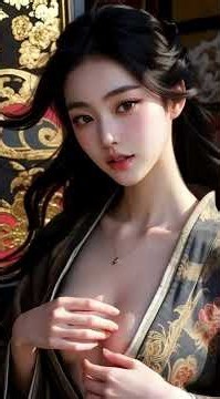 Shapely form, Japanese elegance, plump lips, enticing smile, tender allure, imperial court ambiance