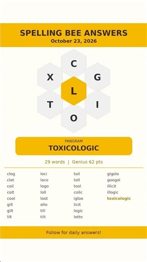 Spelling Bee Answers — October 23, 2026 | All 29 Words + 1 Pangram