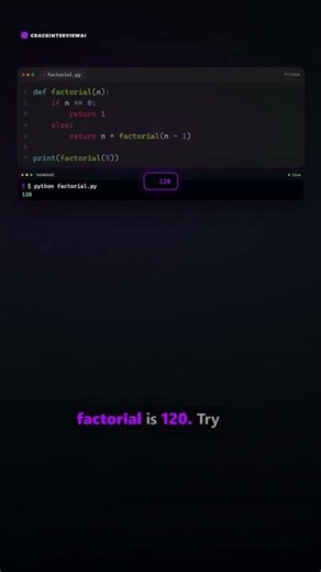 Find factorial in Python using recursion in 60 Seconds | CrackInterview | Coding Interview Shorts #1