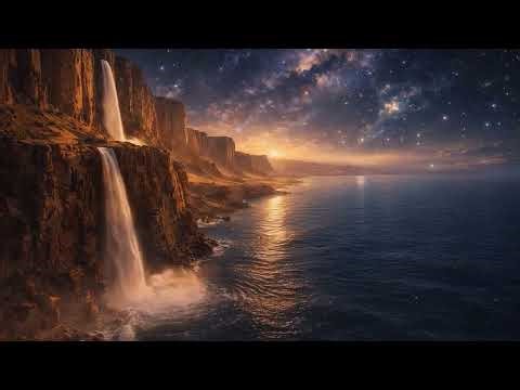 Alien World Waterfall ASMR 🪐 | Starry Sky & Ocean Waves | 10 Hours Relaxing Music | Ocean Sound