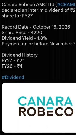 Canara Robeco AMC Ltd has declared an interim dividend of ₹2 per share for FY27 |#youtubeshorts #psu