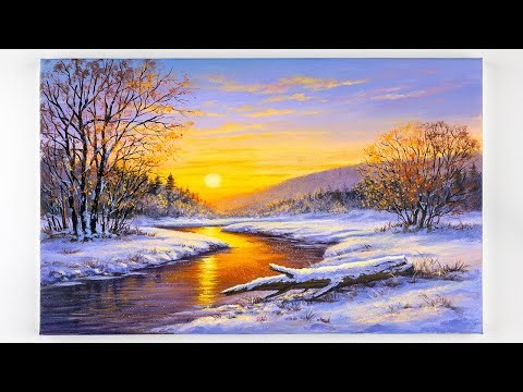 Acrylic Painting Tutorial: Winter Sunset Landscape & River Reflections (Step by Step)