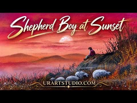 Shepherd Boy at Sunset 🌅 | Peaceful Acrylic Landscape Painting #AcrylicPainting #LandscapeArt
