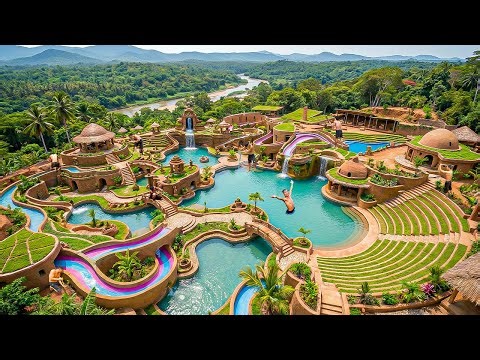 250 Days Building a Matrix Water Slide System with a Multi-Level Pool Complex Using Primitive Tools