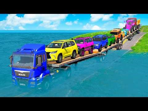 TRANSPORTING PIXAR CARS & FRUITS WITH COLORED & JOHN DEERE vs CLAAS vs TRACTORS - BeamNG.drive #983