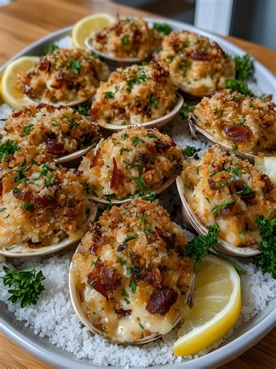 Baked Clams Casino with Garlic Butter Crumbs Bacon's umami richness elevates simple clams into something truly special. Golden, sizzling, and packed with garlic butter flavor. Temp: 400°F (200°C) | Cook Time: 20 mins | Yield: 12 Clams Ingredients: The Clams & Bacon: 12 Large Clams 6 slices Bacon, chopped The Garlic Butter Crumbs: 1 cup Panko Breadcrumbs 3 tbsp Butter, melted ¼ cup Grated Parmesan Cheese 3 cloves Garlic, minced 1 tbsp Fresh Parsley, chopped 1 tbsp Fresh Lemon Juice Salt and Peppe