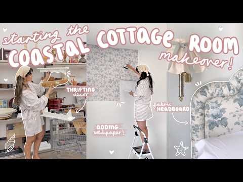 building a COASTAL COTTAGE bedroom! thrifting decor, wallpaper + new furniture!