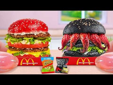 Fire Burger Challenge 🔥 How To Make Red, Black & Gold Burger 🍔 Tina Mini Cooking