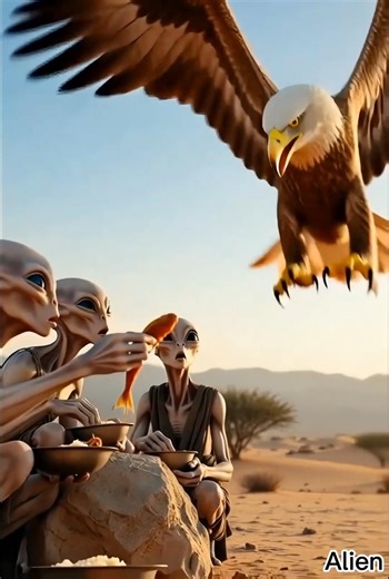 A fun moment of three aliens sharing food with an eagle in a fictional scene.