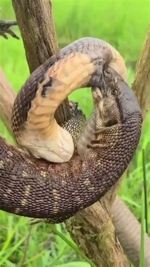 An intense fight between a snake and monitor lizard