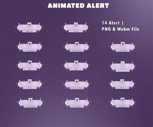 Starlight Drift Animated Twitch Alerts Pack, OBS Setup,14 Alert Bundle PNG Webm, Follower Sub Donation Raid Alerts, Dreamy Purple Stream - Etsy